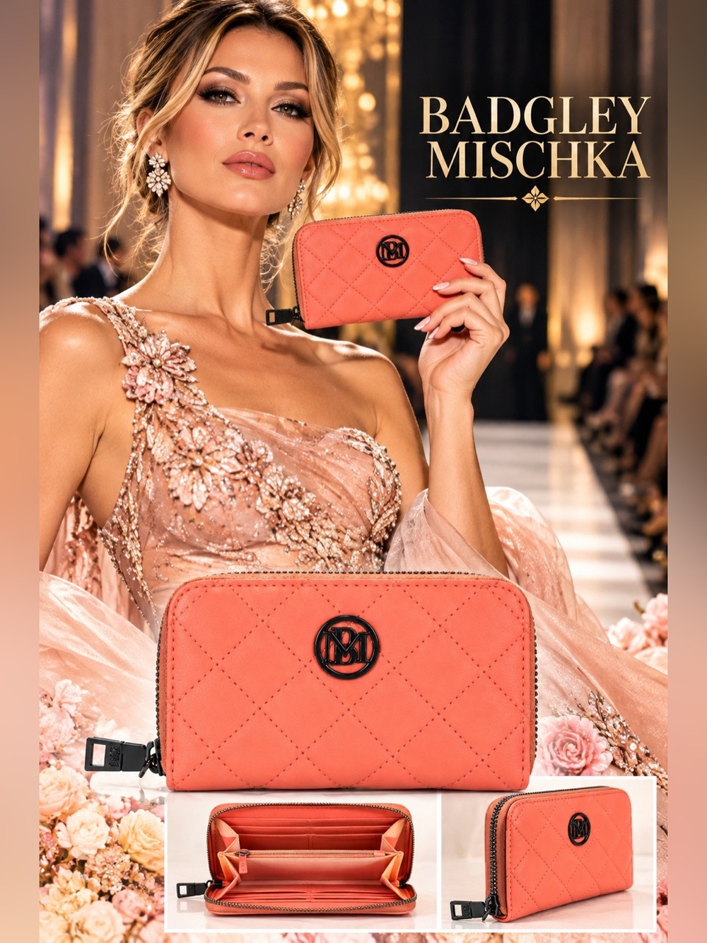Badgley Mischka Coral Quilted Zip Wallet